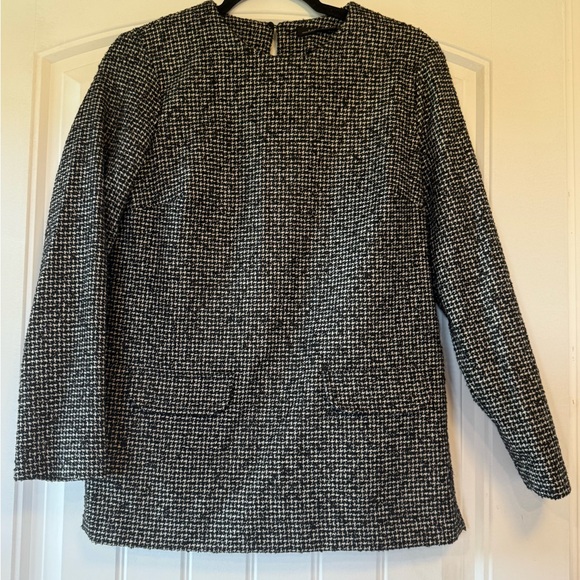 ZARA WOMAN Black White Houndstooth Textured Long Sleeve Tunic Dress Pockets M - Picture 3 of 5